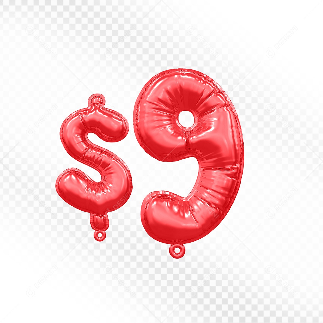 Balão de Número 9$ Vermelho Elemento 3D  Para Composição PSD
