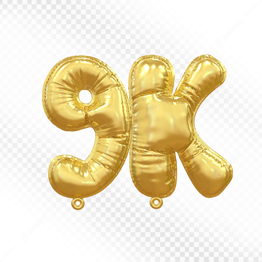 Balão de Número 9K Dourado Elemento 3D Para Composição PSD