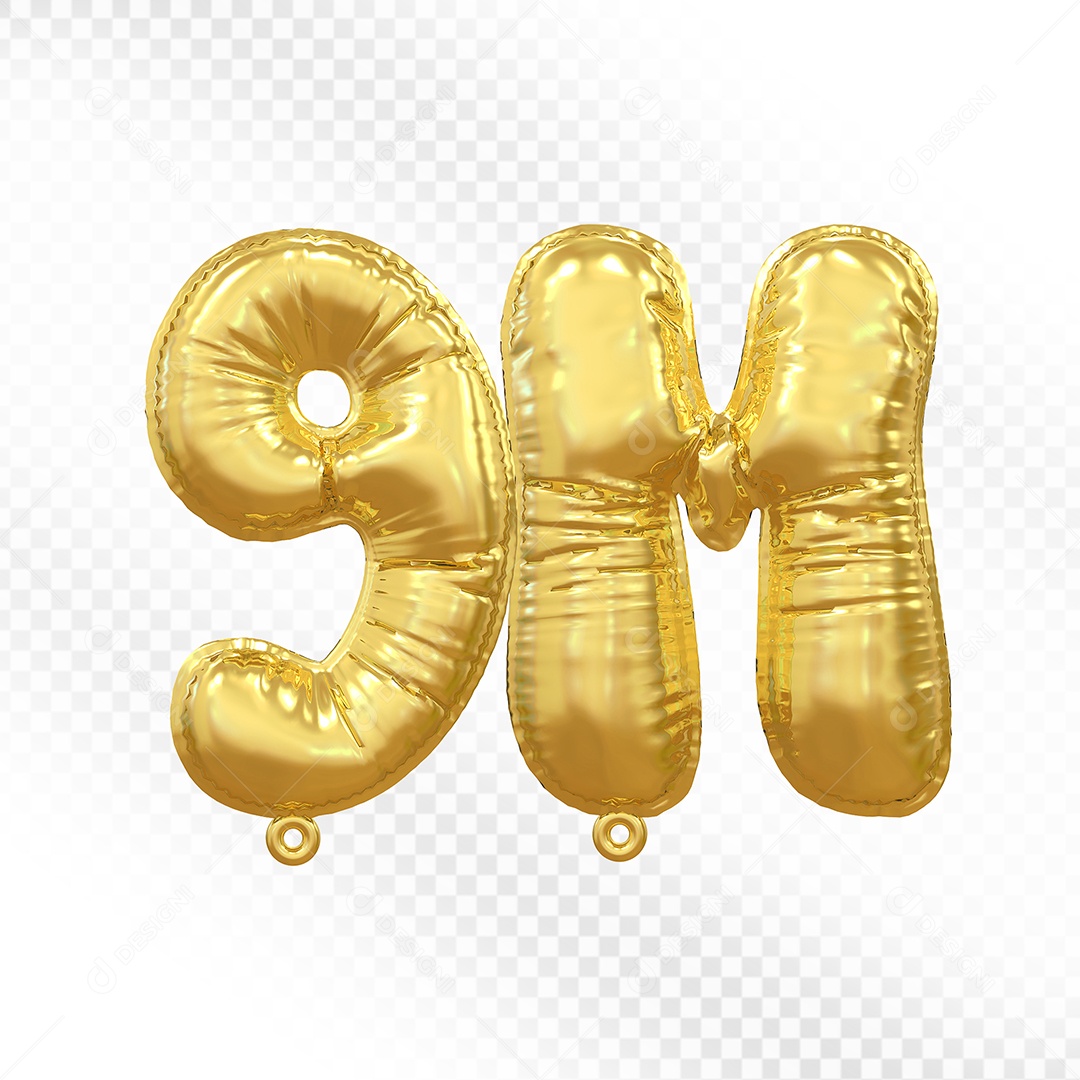Balão de Número 9M Dourado Elemento 3D Para Composição PSD