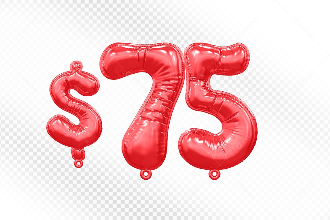 Balão de Número 75$ Vermelho Elemento 3D  Para Composição PSD