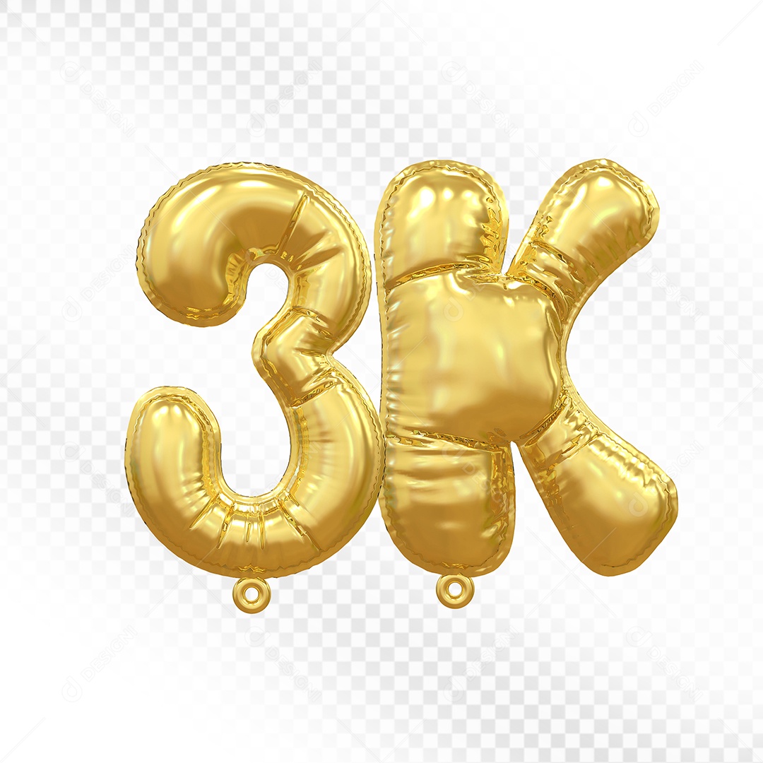 Balão de Número 3K Dourado Elemento 3D Para Composição PSD