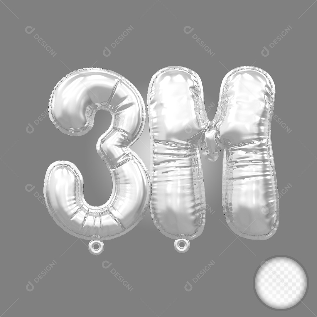 Balão de Número 3M Prata Elemento 3D Para Composição PSD