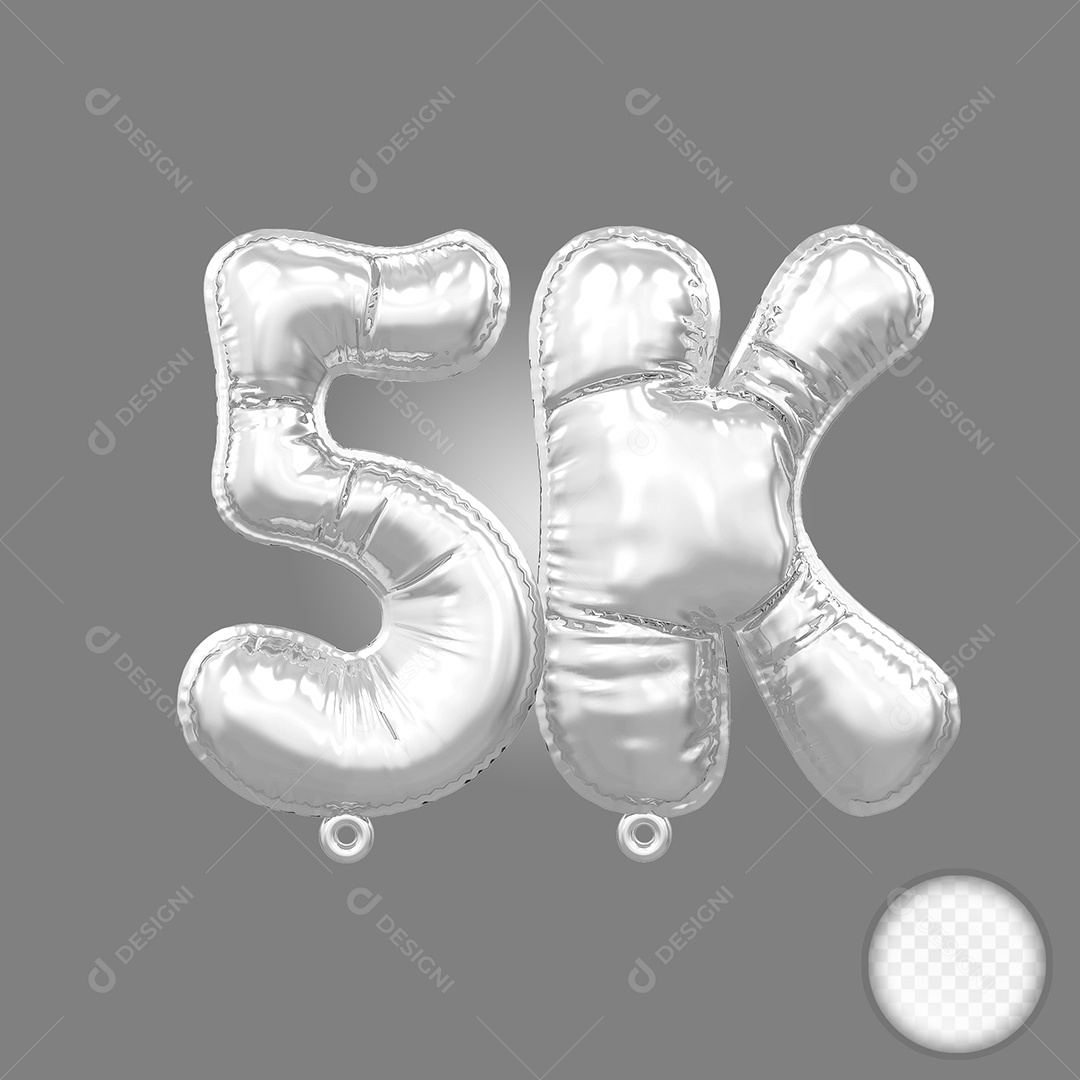 Balão de Número 5K Prata Elemento 3D Para Composição PSD