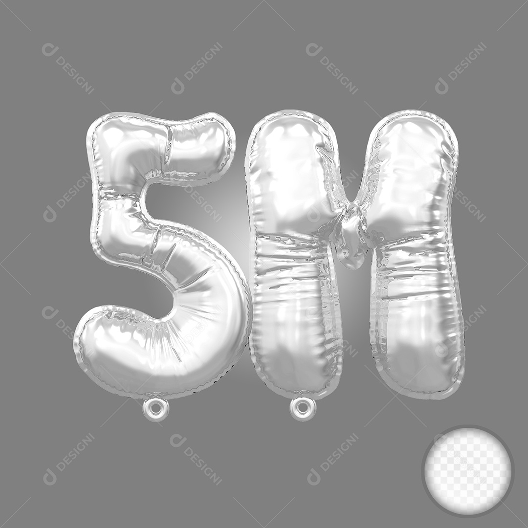 Balão de Número 5M Prata Elemento 3D Para Composição PSD