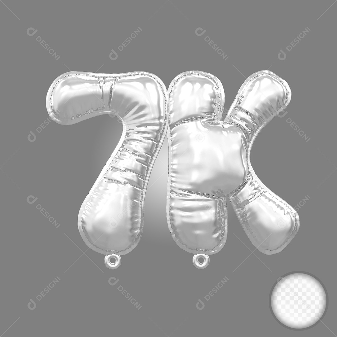 Balão de Número 7K Prata Elemento 3D Para Composição PSD