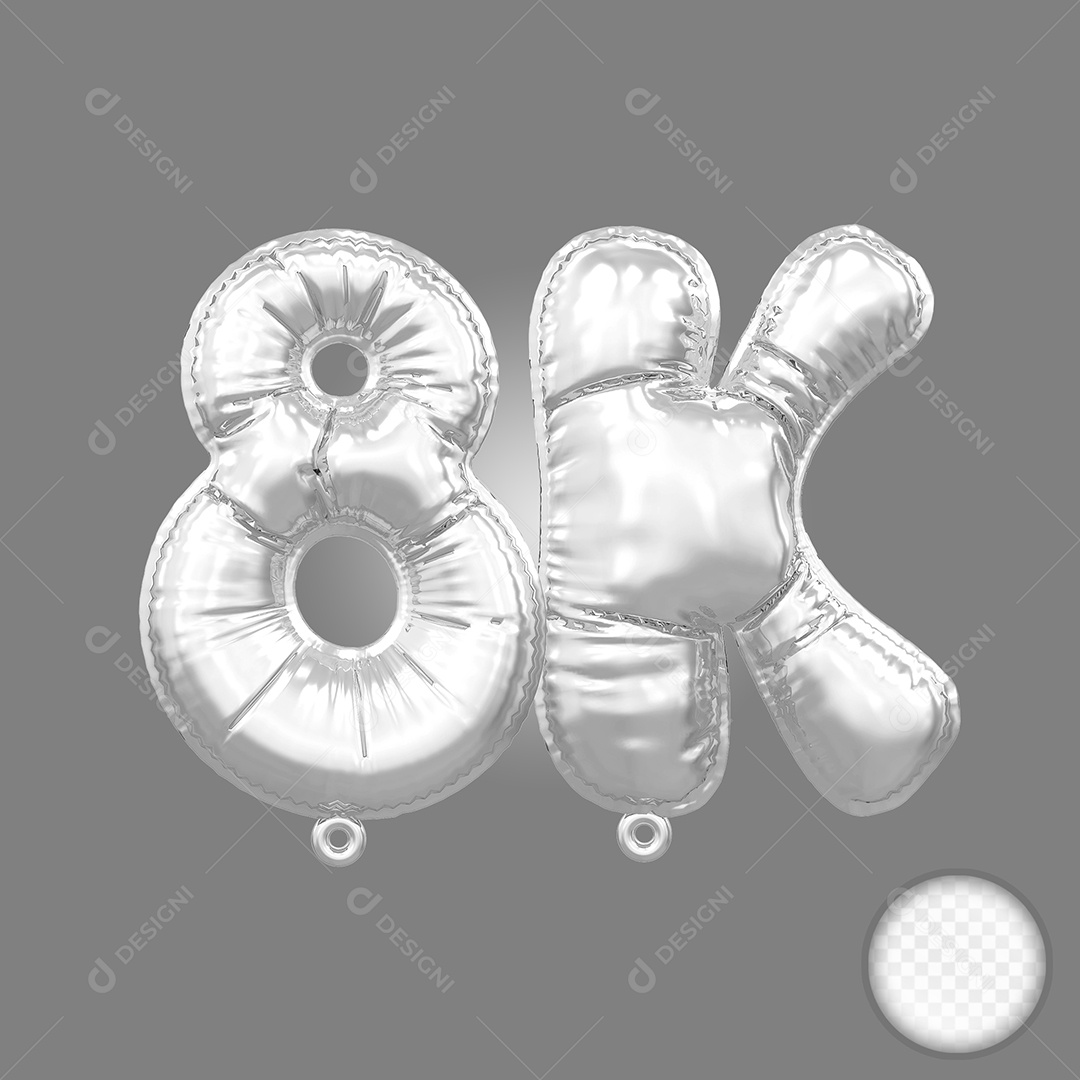 Balão de Número 8K Prata Elemento 3D Para Composição PSD