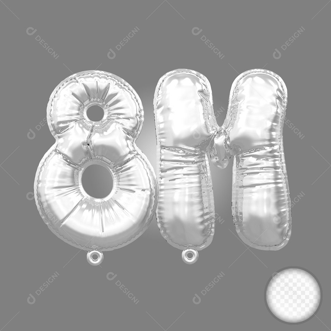 Balão de Número 8M Prata Elemento 3D Para Composição PSD