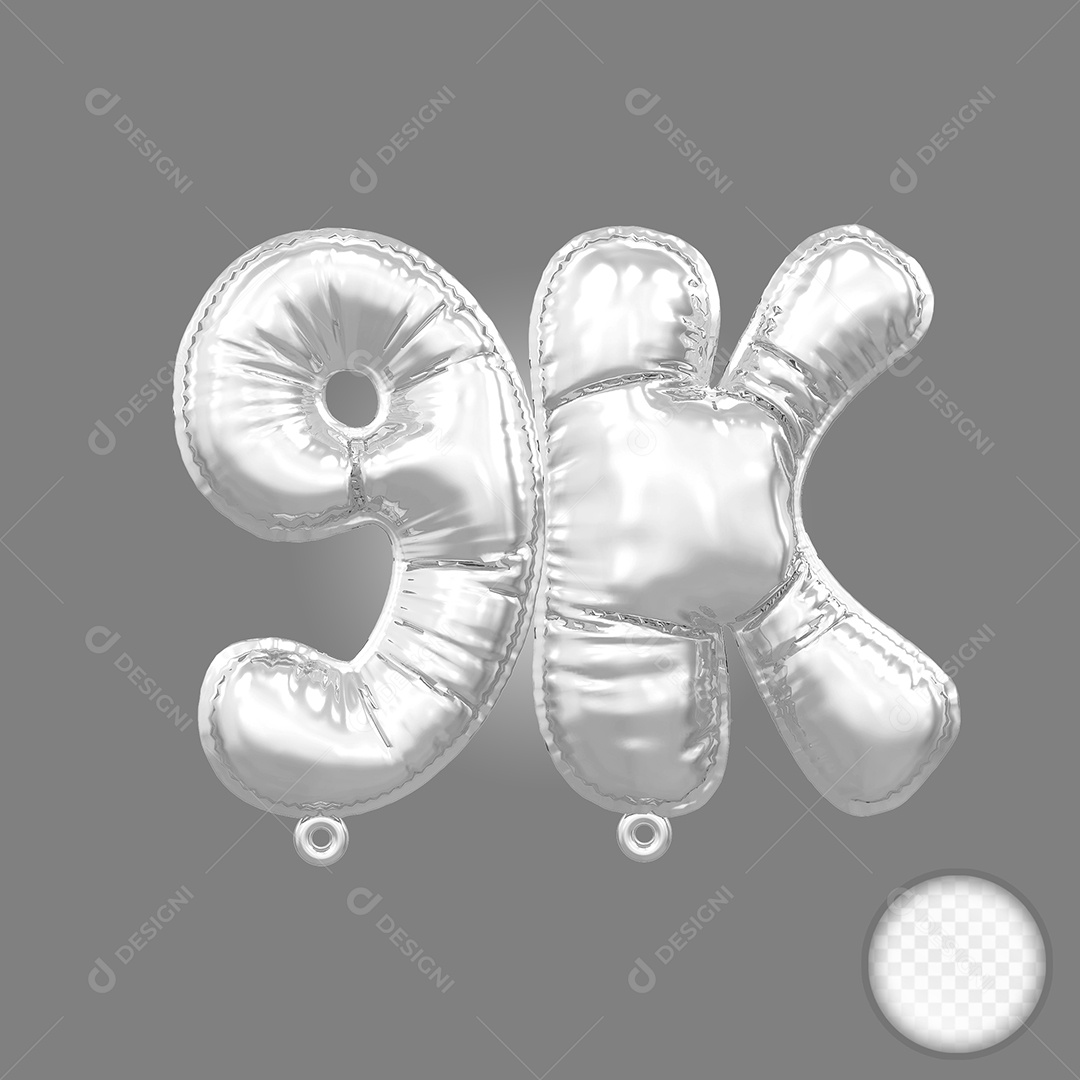 Balão de Número 9K Prata Elemento 3D Para Composição PSD