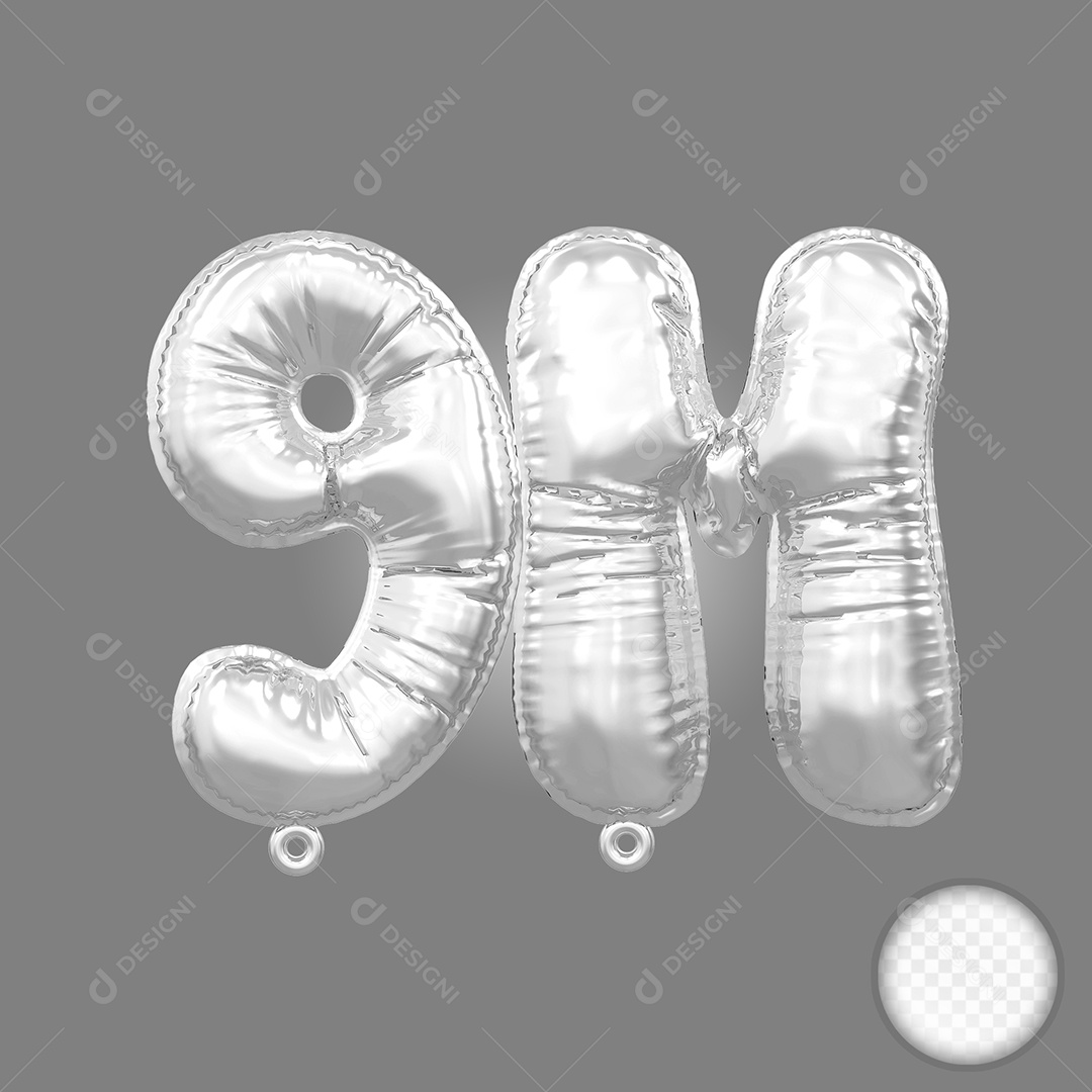 Balão de Número 9M Prata Elemento 3D Para Composição PSD
