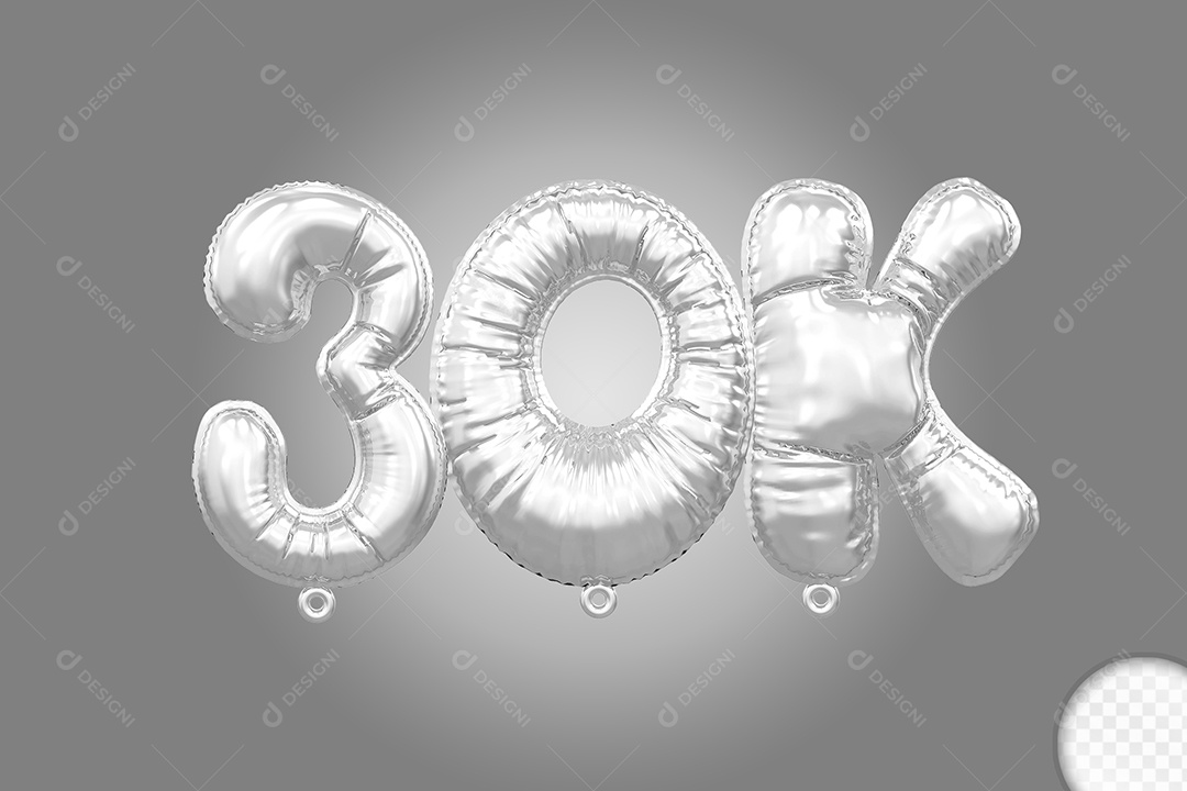 Balão de Número 30K Prata Elemento 3D Para Composição PSD