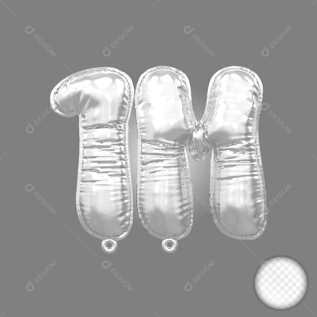 Balão de Número 1M Prata Elemento 3D Para Composição PSD