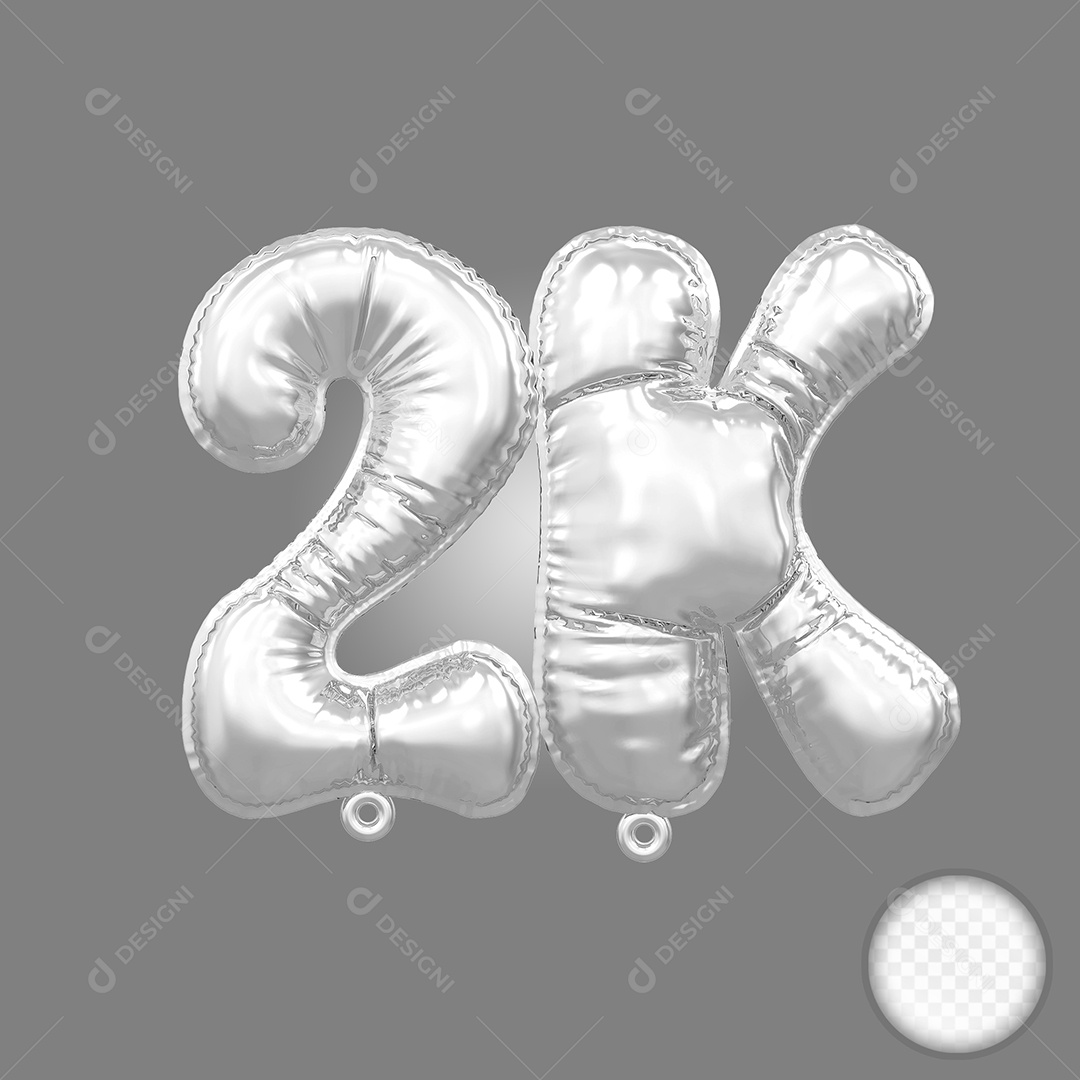 Balão de Número 2K Prata Elemento 3D Para Composição PSD