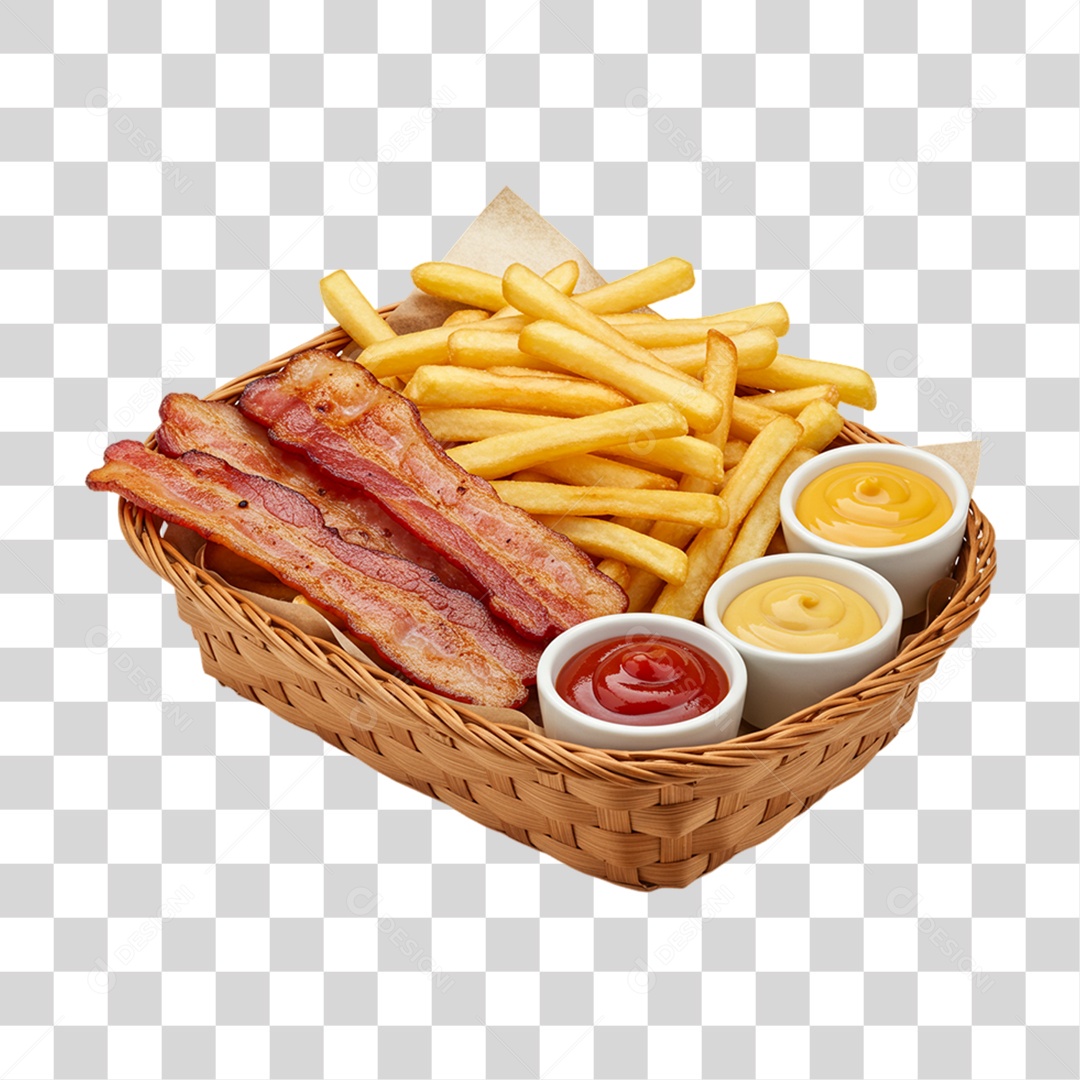 Porção de Batatas Fritas Bacon PNG Transparente