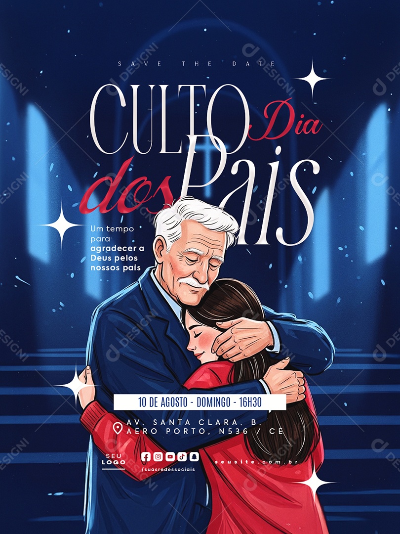 Gospel Culto dos Pais 10 de Agosto Domingo Social Media PSD Editável
