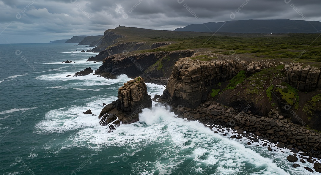 Imagem mostra ondas do mar quebrando em uma costa rochosa ao pôr do sol