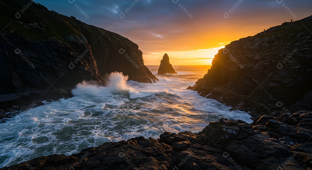 Imagem mostra ondas do mar quebrando em uma costa rochosa ao pôr do sol