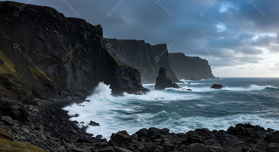 Imagem mostra ondas do mar quebrando em uma costa rochosa ao pôr do sol