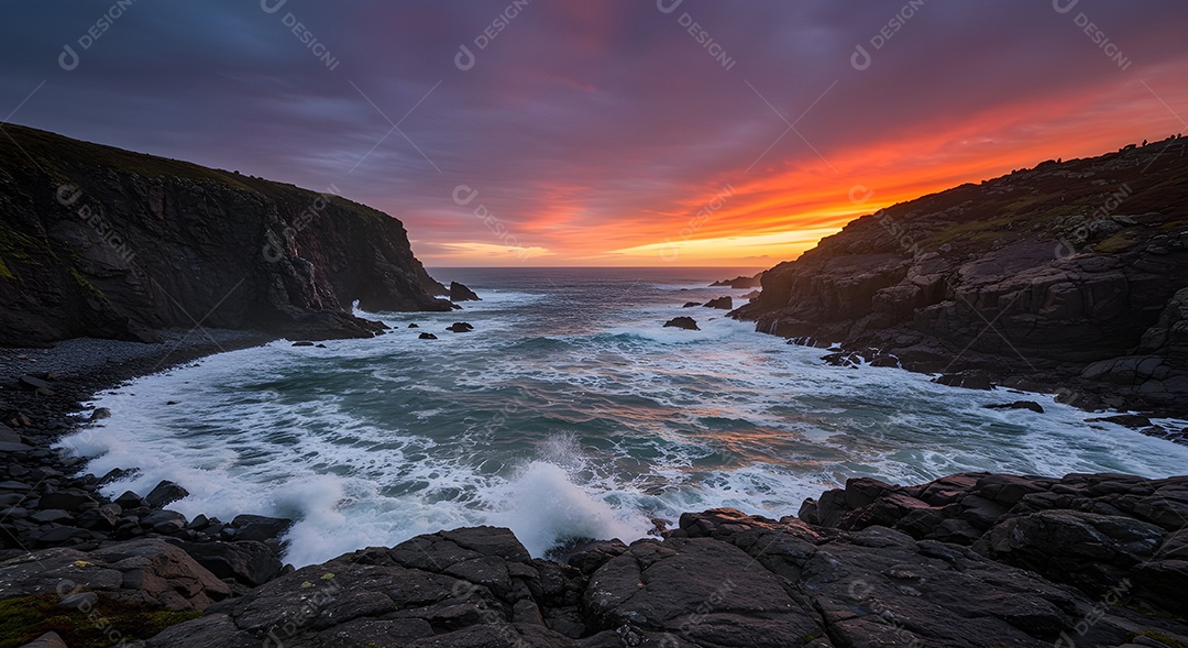 Imagem mostra ondas do mar quebrando em uma costa rochosa ao pôr do sol