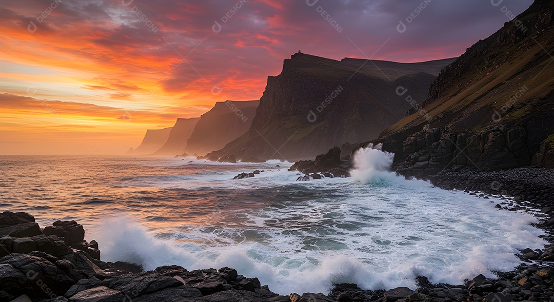 Imagem mostra ondas do mar quebrando em uma costa rochosa ao pôr do sol