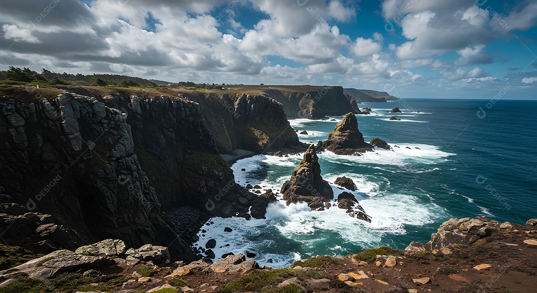 Imagem mostra ondas do mar quebrando em uma costa rochosa ao pôr do sol