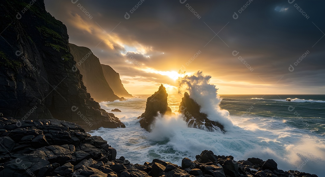 Imagem mostra ondas do mar quebrando em uma costa rochosa ao pôr do sol