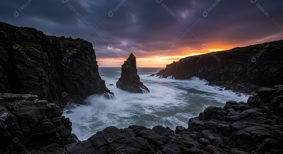 Imagem mostra ondas do mar quebrando em uma costa rochosa ao pôr do sol