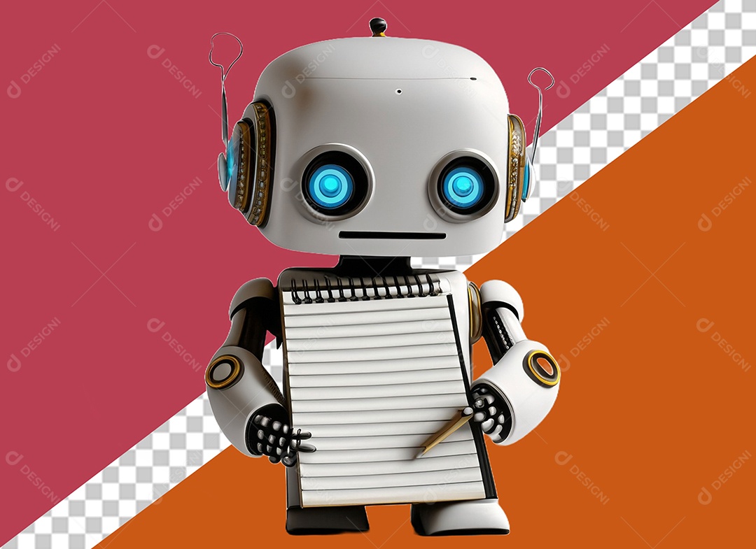 Personagem 3D de Robô Segurando Agenda Elemento para Composição PSD