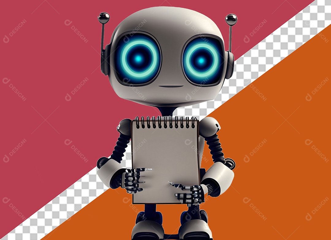 Personagem 3D de Robô Segurando Agenda Elemento para Composição PSD