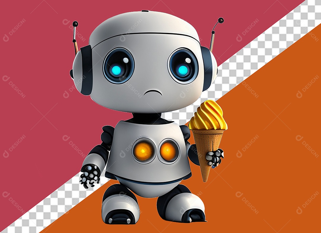 Personagem 3D de Robô Segurando Sorvete Elemento para Composição PSD