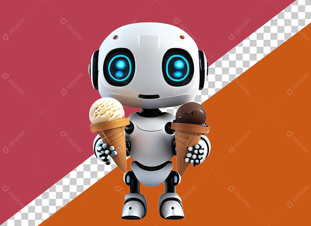 Personagem 3D de Robô Segurando Sorvete Elemento para Composição PSD