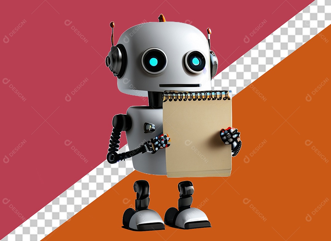 Personagem 3D de Robô Segurando Agenda Elemento para Composição PSD