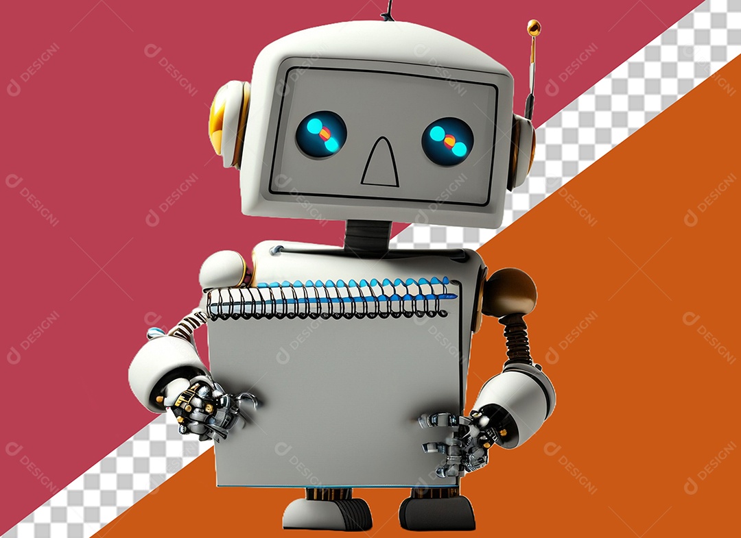 Personagem 3D de Robô Segurando Agenda Elemento para Composição PSD