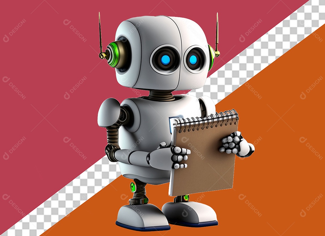 Personagem 3D de Robô Segurando Agenda Elemento para Composição PSD