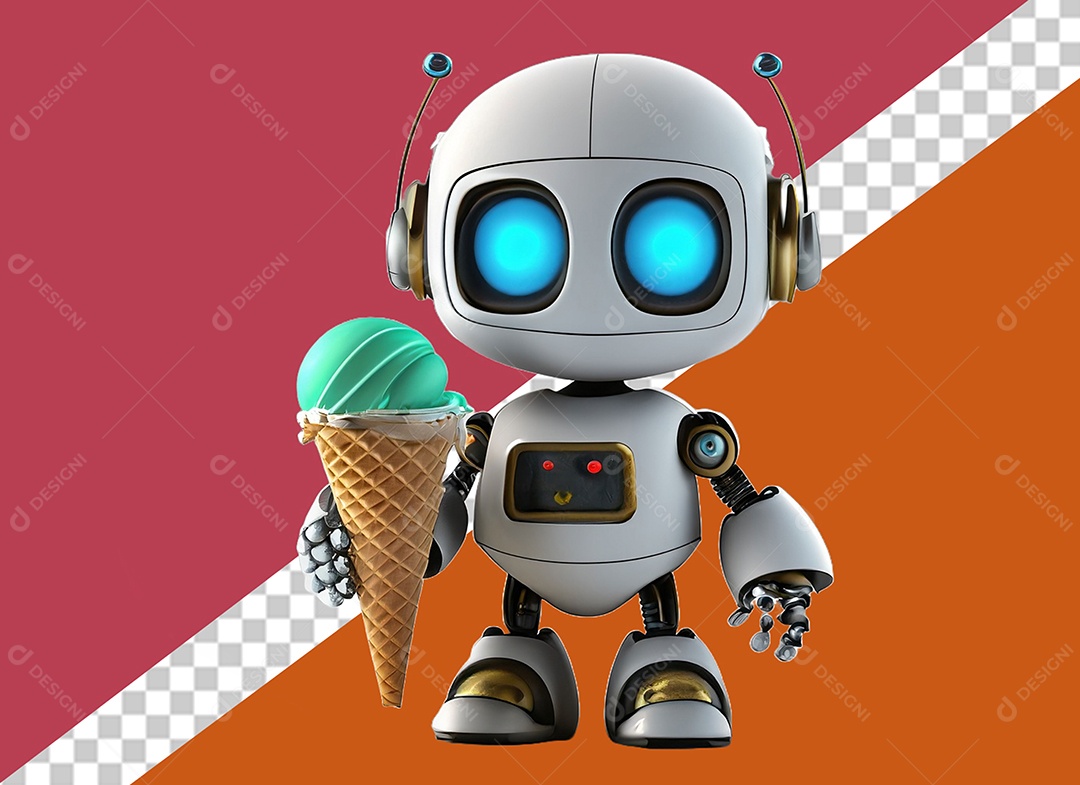 Personagem 3D de Robô Segurando Sorvete Elemento para Composição PSD