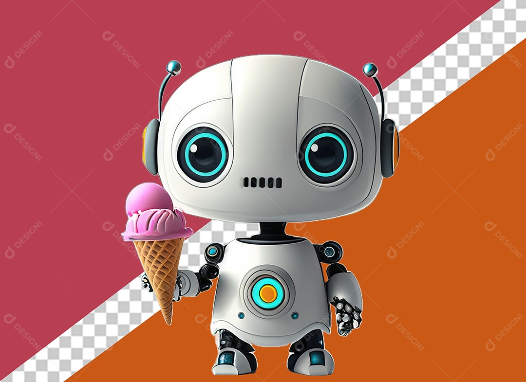 Personagem 3D de Robô Segurando Sorvete Elemento para Composição PSD