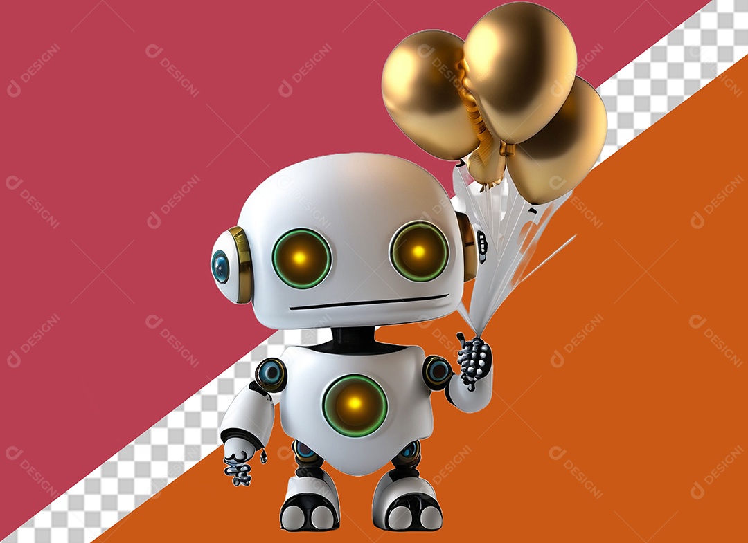 Personagem 3D de Robô Segurando Balões Elemento para Composição PSD