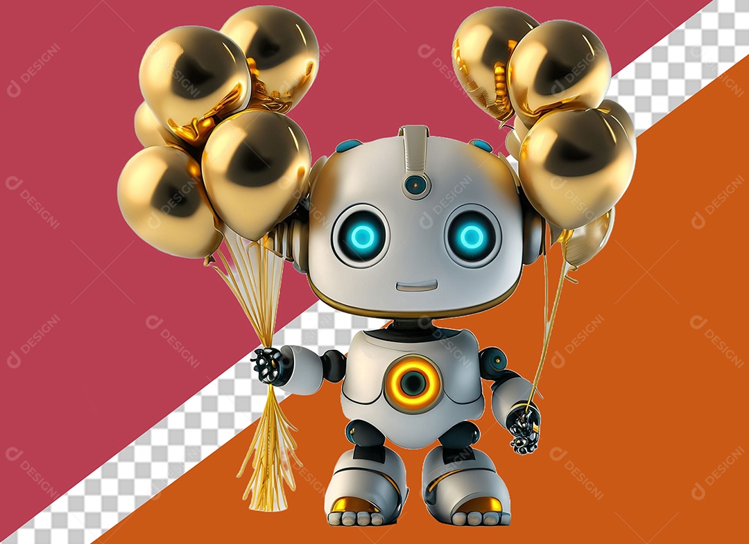 Personagem 3D de Robô Segurando Balões Elemento para Composição PSD