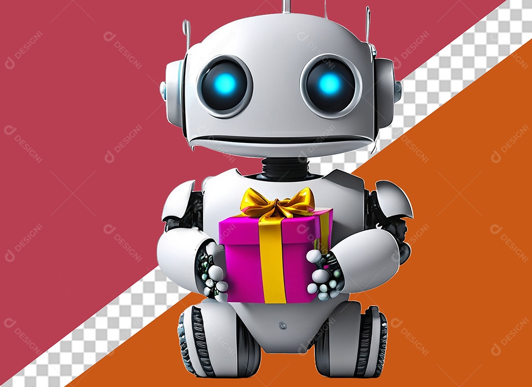 Personagem 3D de Robô Segurando Presente Elemento para Composição PSD