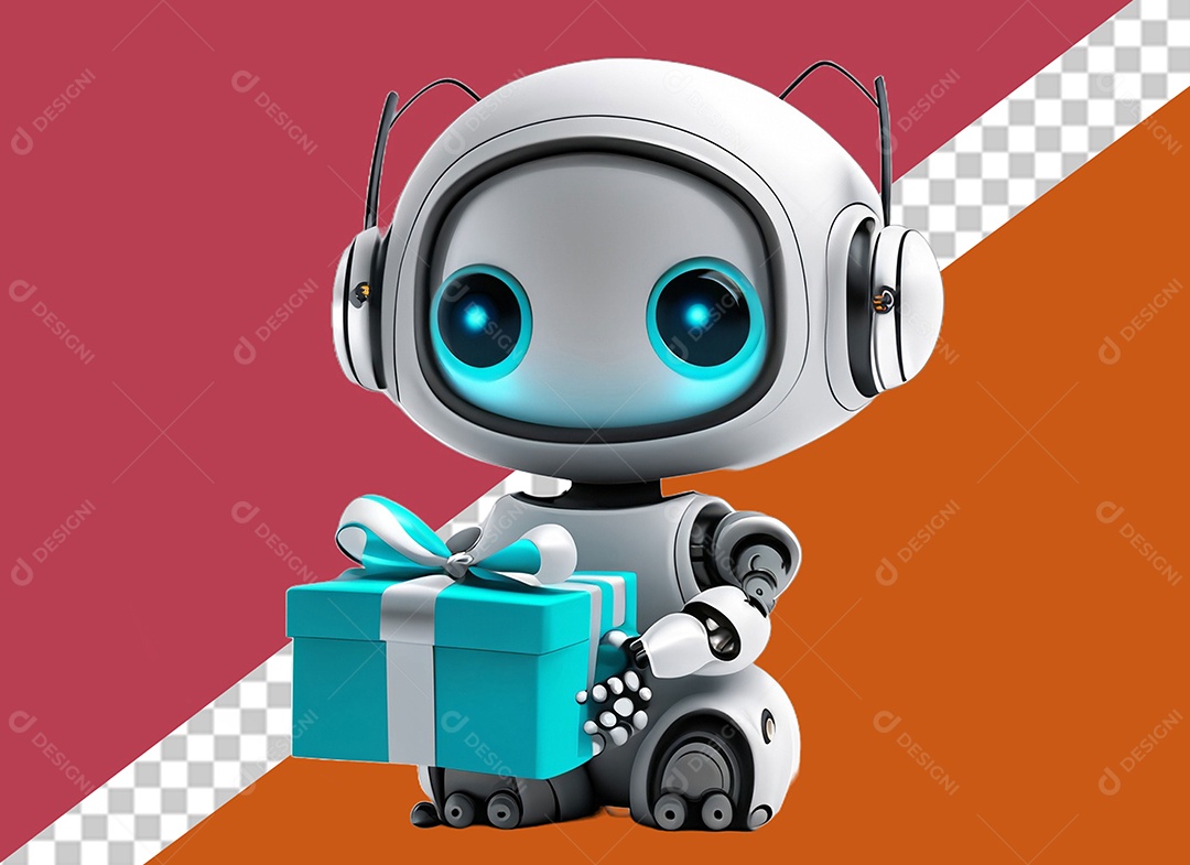 Personagem 3D de Robô Segurando Presente Elemento para Composição PSD
