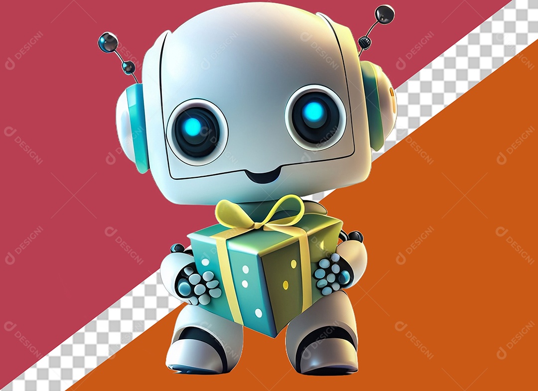 Personagem 3D de Robô Segurando Presente Elemento para Composição PSD