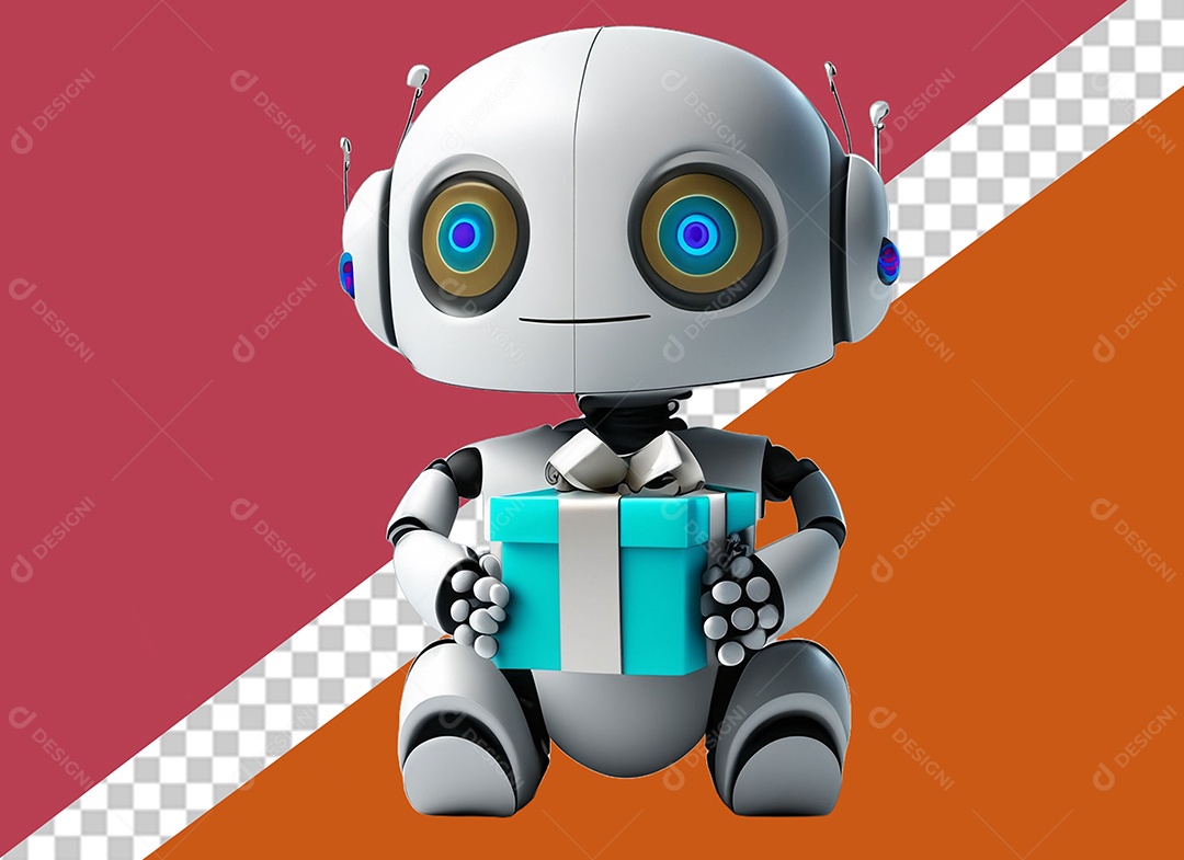 Personagem 3D de Robô Segurando Presente Elemento para Composição PSD