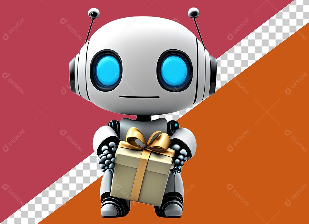 Personagem 3D de Robô Segurando Presente Elemento para Composição PSD