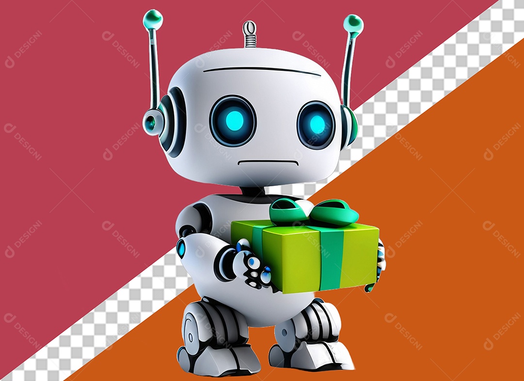 Personagem 3D de Robô Segurando Presente Elemento para Composição PSD