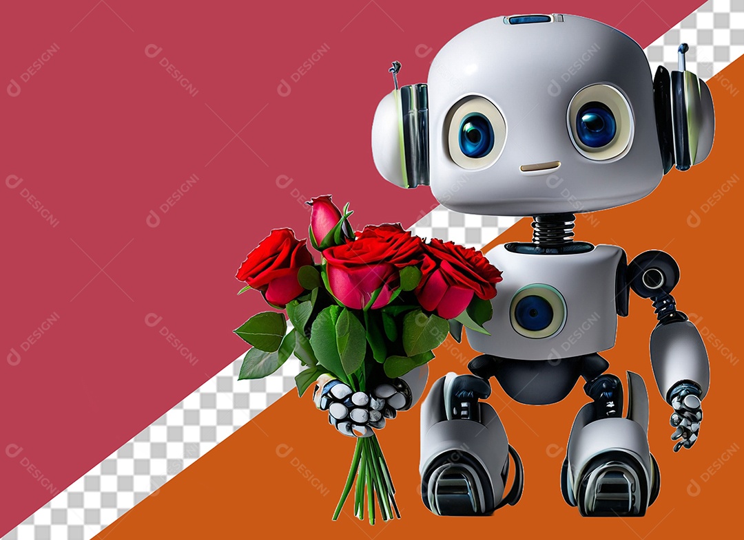 Personagem 3D de Robô Segurando Buquê Elemento para Composição PSD