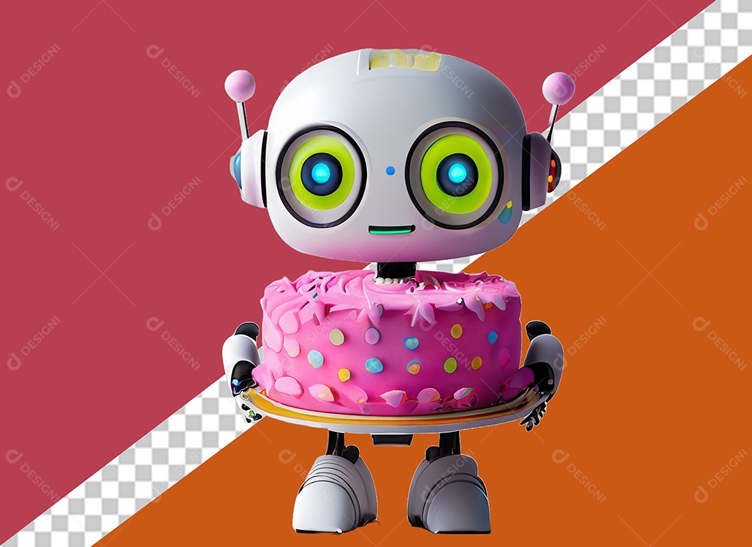 Personagem 3D de Robô Segurando Bolo Elemento para Composição PSD