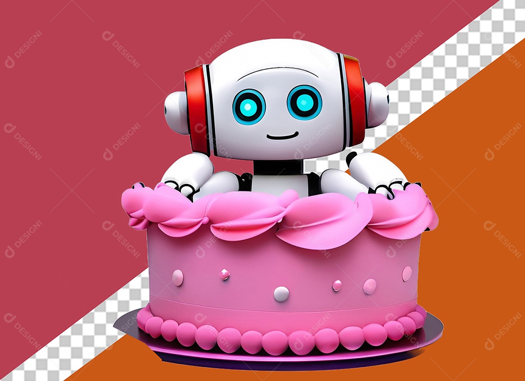 Personagem 3D de Robô Segurando Bolo Elemento para Composição PSD