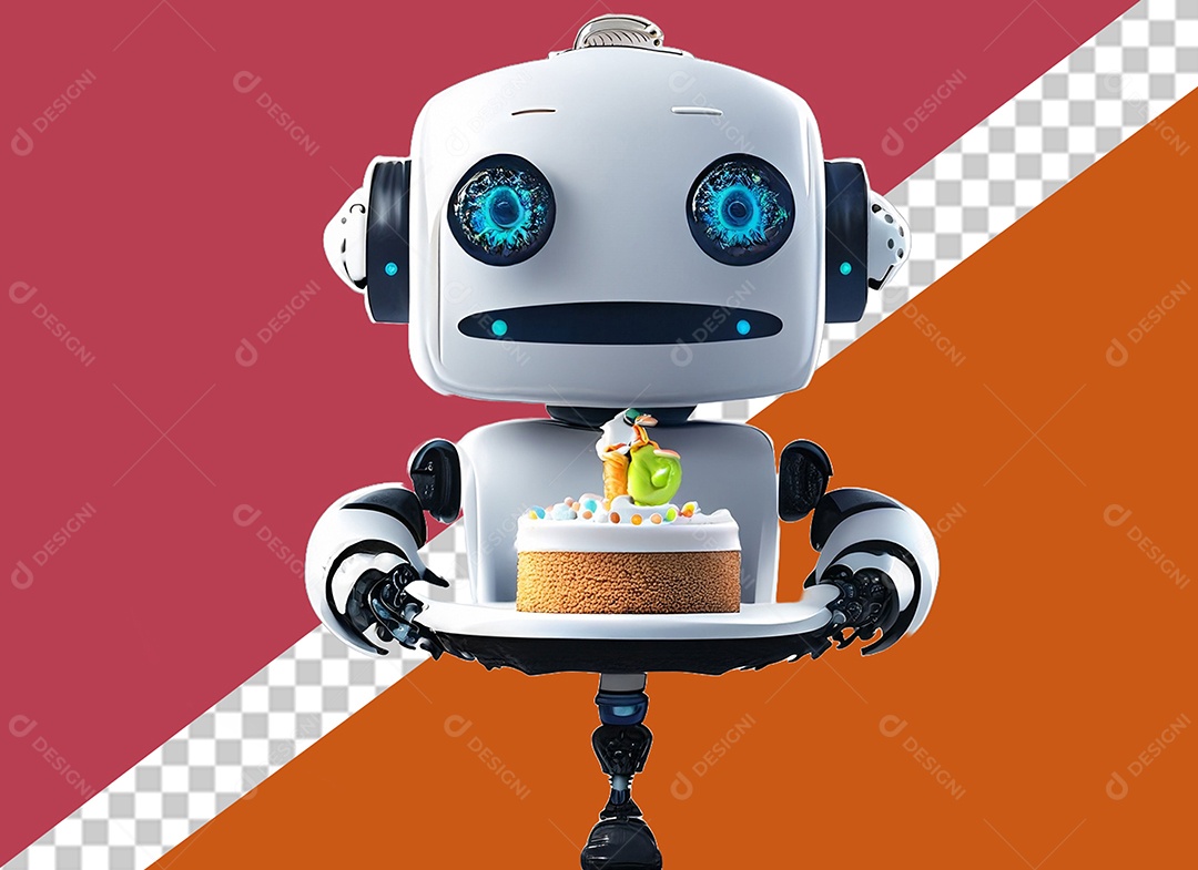 Personagem 3D de Robô Segurando Bolo Elemento para Composição PSD