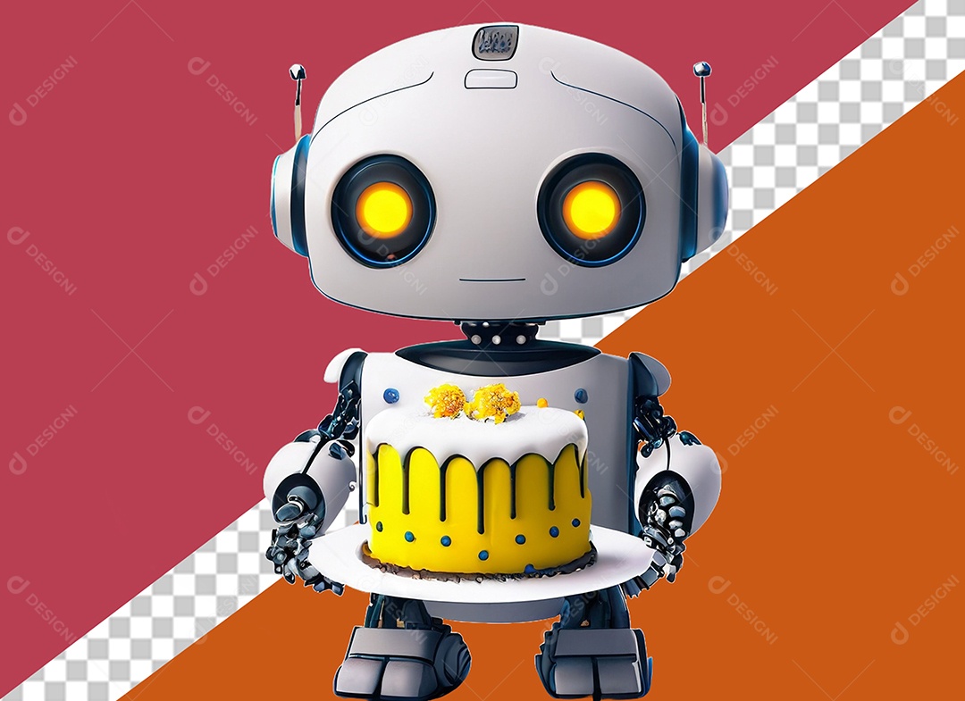 Personagem 3D de Robô Segurando Bolo Elemento para Composição PSD