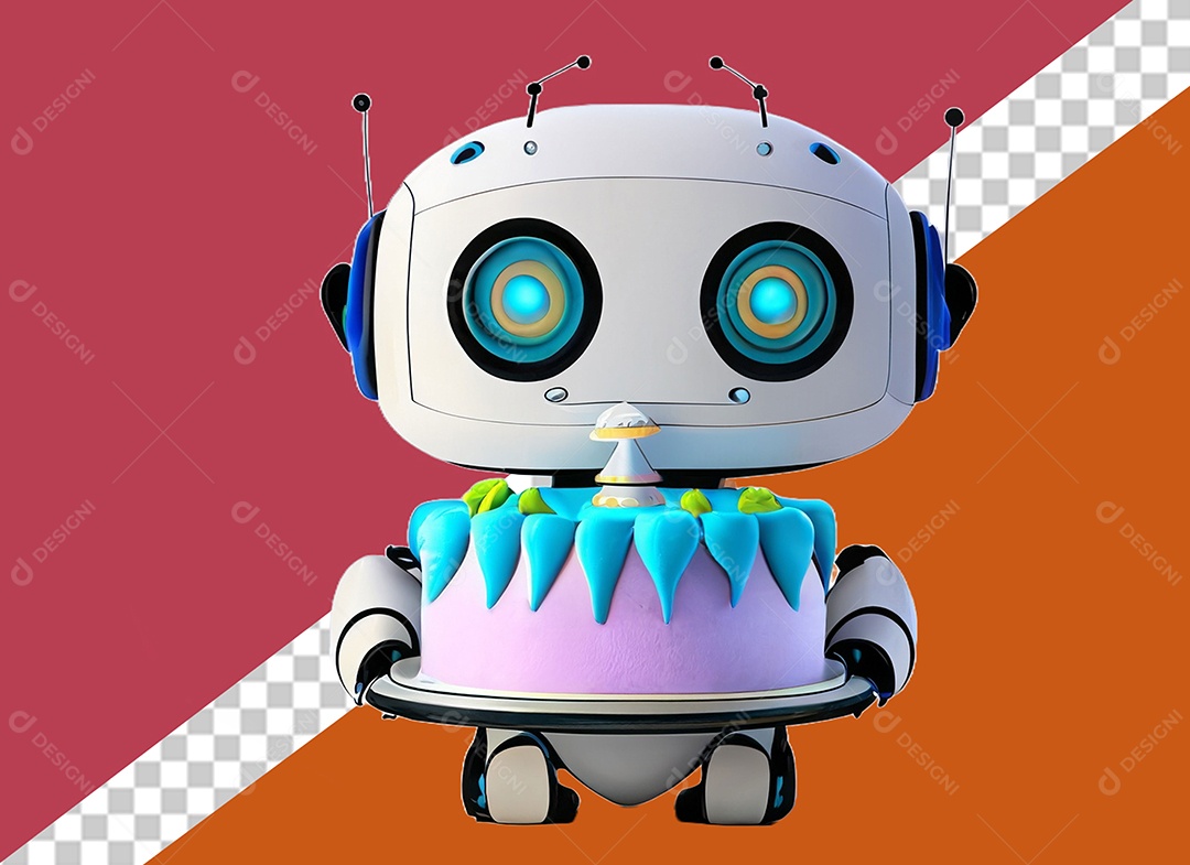 Personagem 3D de Robô Segurando Bolo Elemento para Composição PSD