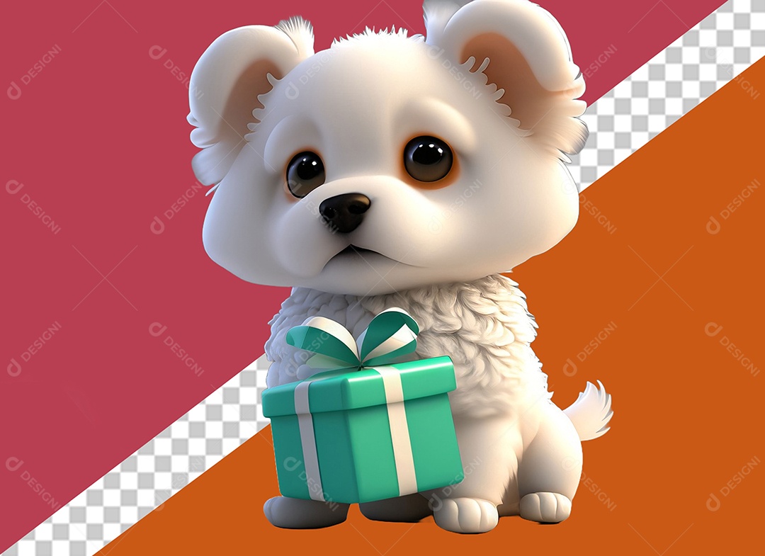 Cachorrinho Segurando Caixa de Presente Mascote 3D para Composição PSD